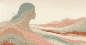 Artistic depiction of feminine profile with soft earth-toned waves meeting steady lines of masculine presence.