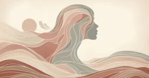 Female silhouette with wavy lines transitioning from sharp angles to soft curves, symbolizing altered consciousness.