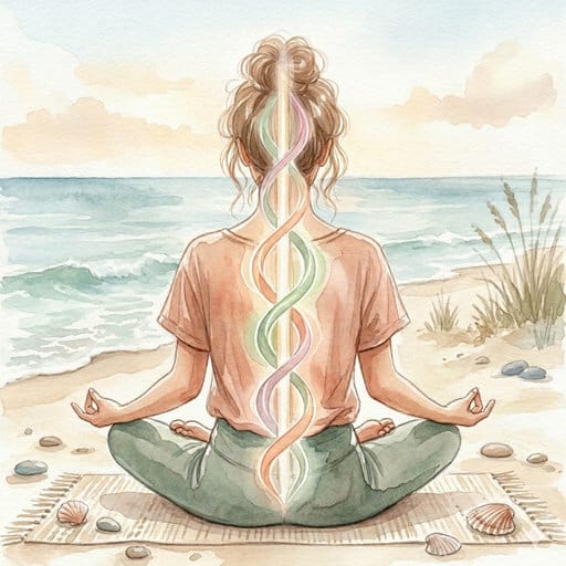 Watercolor illustration of a woman in meditation on a beach with colorful energy spirals rising up her spine.