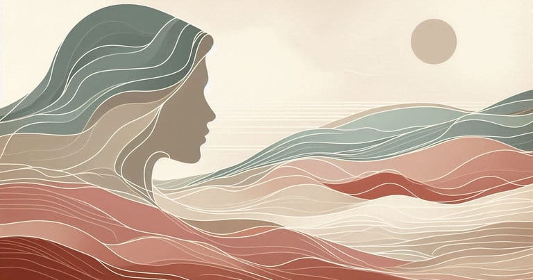 Wide horizontal abstract illustration in a calm educational style, featuring layered organic waves and a minimalist silhouette.