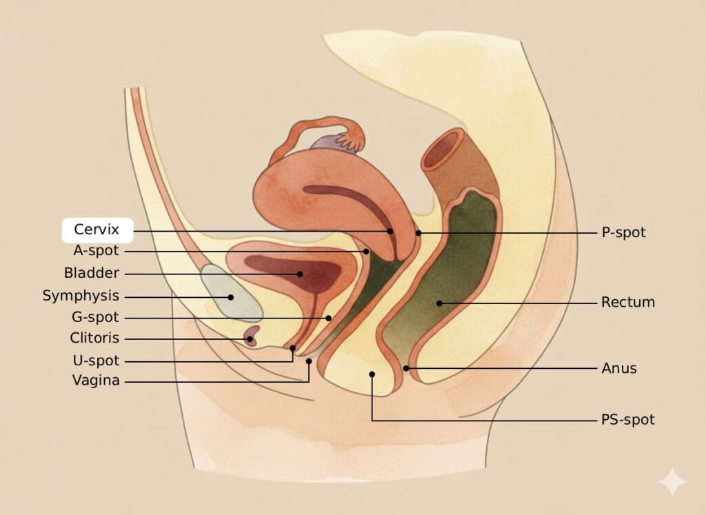Artistic rendering of a female profile silhouette with neural waves highlighting the cervix in warm earth tones.