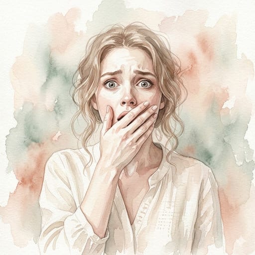 Watercolor portrait of a woman with shocked eyes covering her mouth with her hand.