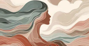 Hormone crystals under polarized light with vibrant colors, blended with a female profile silhouette in earth tones.