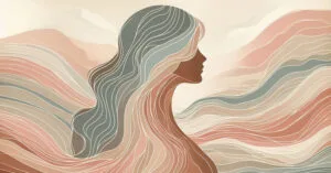 Female profile with earthy waves resembling peeling onion layers to reveal a glowing central energy core.