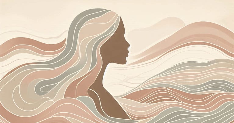 Panoramic abstract illustration with a minimalist female profile and wave lines in dusty rose and cream tones symbolizing the subconscious detection of safety.