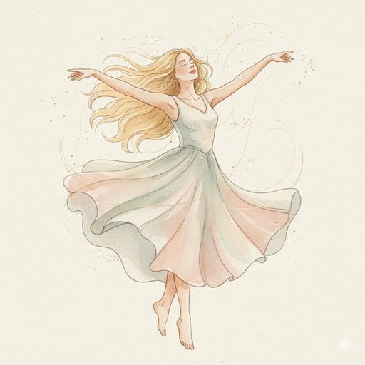 A graceful woman dancing in a flowing dress, rendered in soft watercolor pastels on a beige background, symbolizing the free flow of energy and joy after a yoni massage session.