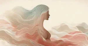 Woman's silhouette with pastel waves representing somatic integration after yoni massage.