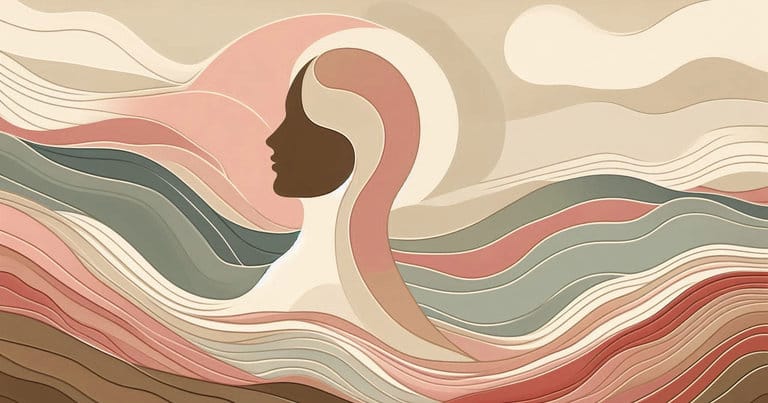 An expressive depiction of a woman’s profile silhouette interwoven with soft, earth-colored organic lines that represent the process of discharging deep-seated trauma and restoring internal calm.