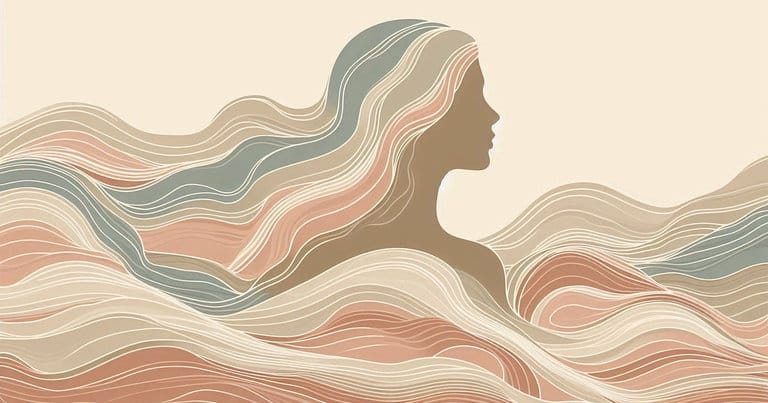 A serene artistic rendering of a woman’s profile surrounded by flowing, earth-toned waves that symbolize the effortless movement of a relaxed hand during a somatic session.