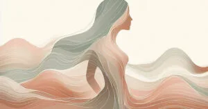 Artistic depiction of a feminine profile with soft earth-toned waves flowing from the brain to the heart.