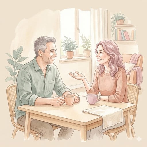 Soft watercolor rendering of a couple sitting together, engaging in an honest talk about trust and fidelity.