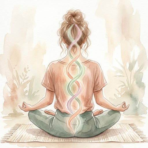 Watercolor illustration of a woman meditating from behind, with colorful energy spirals rising along her spine.