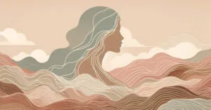 Watercolor visual of a female profile and wavy lines showing somatic energy and nervous system signals in warm earth tones.