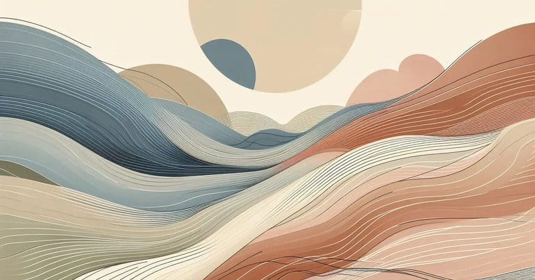 Abstract educational illustration with layered organic shapes and calm horizontal flow, representing grounded learning, body awareness, and somatic education.