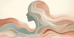 Soft watercolor of a female profile interwoven with calm, grounded earth-toned waves reflecting somatic safety.