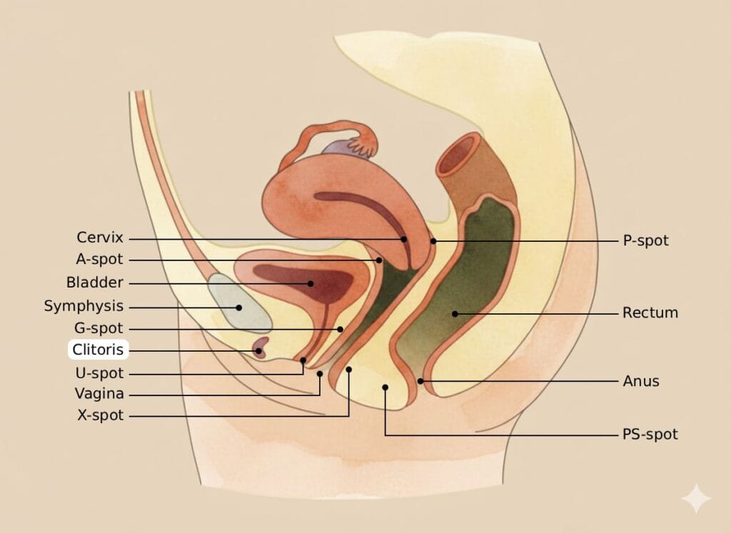 Anatomical cross-section of the female pelvic area highlighting the clitoris among other erogenous zones like the G-spot, A-spot, and U-spot in soft pastel tones.