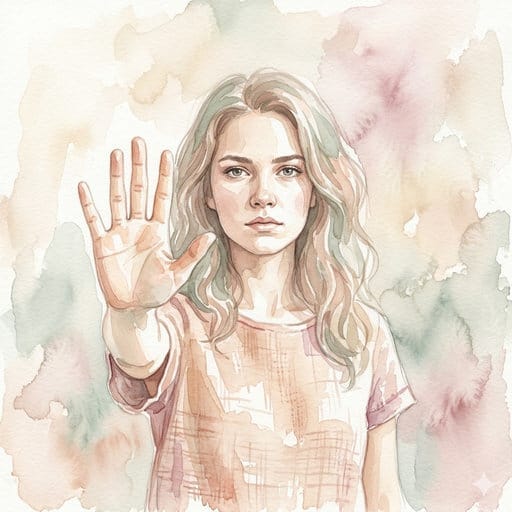A striking watercolor painting of a young woman making a determined 'stop' gesture.