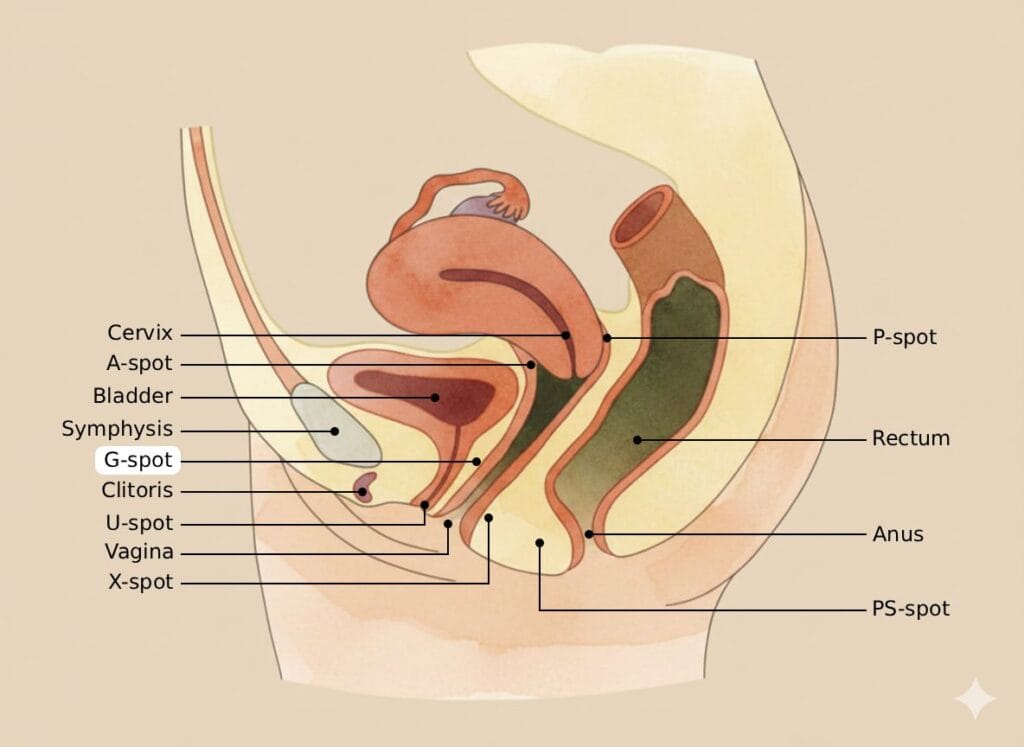 Anatomical diagram of the female pelvis with the G-spot highlighted in white.