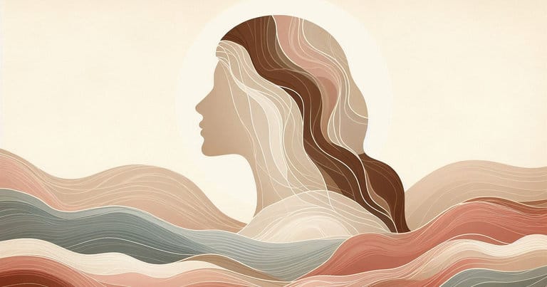 Artistic profile of a woman with earth-toned waves flowing like neural pathways through the internal energy zones.