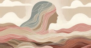 Panoramic abstract illustration with a minimalist female profile and waves in light beige and dusty rose, representing a sense of completion and peaceful integration.