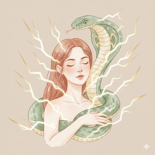 Artistic rendering of a female profile with a green cobra and energy waves in soft pastel tones.