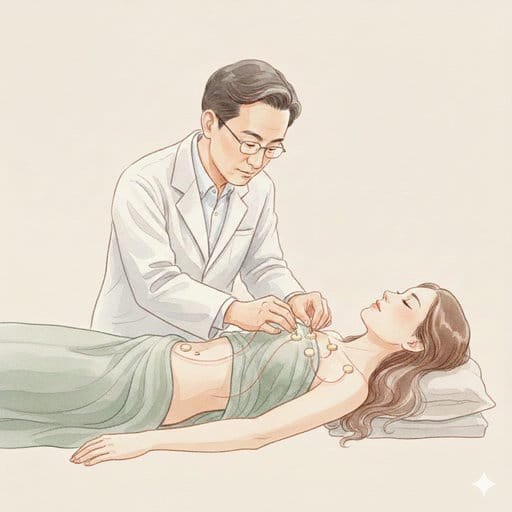 Artistic rendering of a doctor placing physiological sensors on a woman in a soft watercolor style.