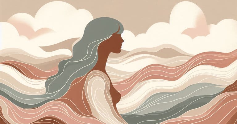 Artistic rendering of a female profile with flowing energy lines in warm clay tones.