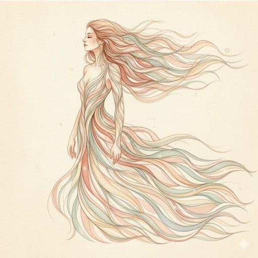 Abstract watercolor illustration of a woman in a long flowing dress, rendered in a soft palette of pale terracotta, dusty sage, and dusky rose on a light beige background. Her silhouette and hair seamlessly blend into delicate, translucent lines and web-like patterns that symbolize the intricate network of pelvic fascia and neural pathways.