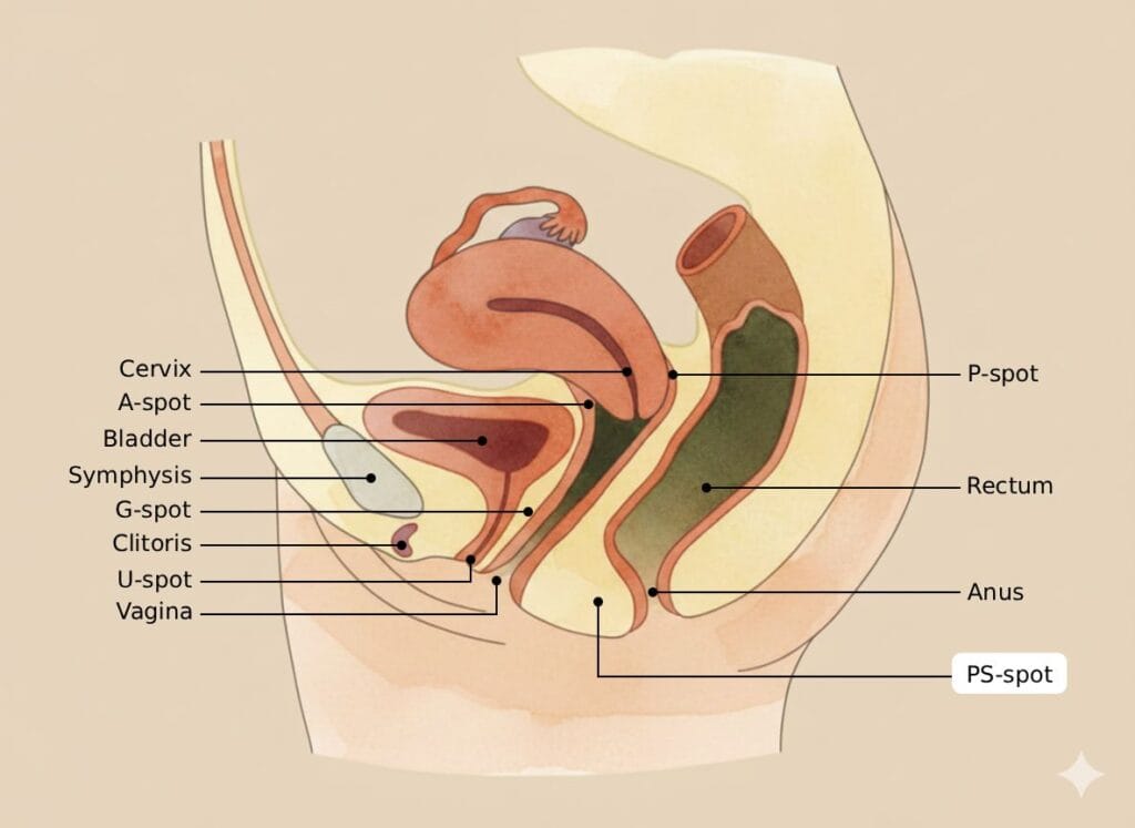 Anatomical visual of the female pelvis in earth tones highlighting erogenous zones including the PS-spot.