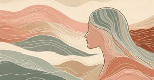 An artistic depiction of a female profile silhouette in warm earth tones, intertwined with flowing organic lines that represent the vagus nerve and calm energy pathways.