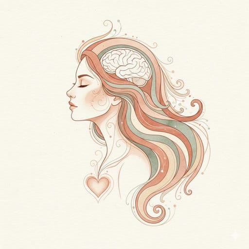 Abstract profile of a woman in soft pastel tones, featuring a stylized brain with flowing neural pathways and a symbolic heart in the chest area, illustrating somatic recalibration and the reorganization of the nervous system.