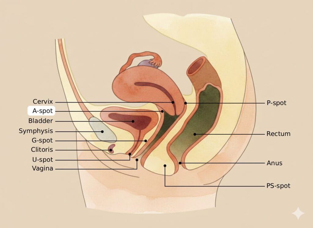 Diagram of female pelvic anatomy showing the A-spot location in the anterior fornix near the cervix.