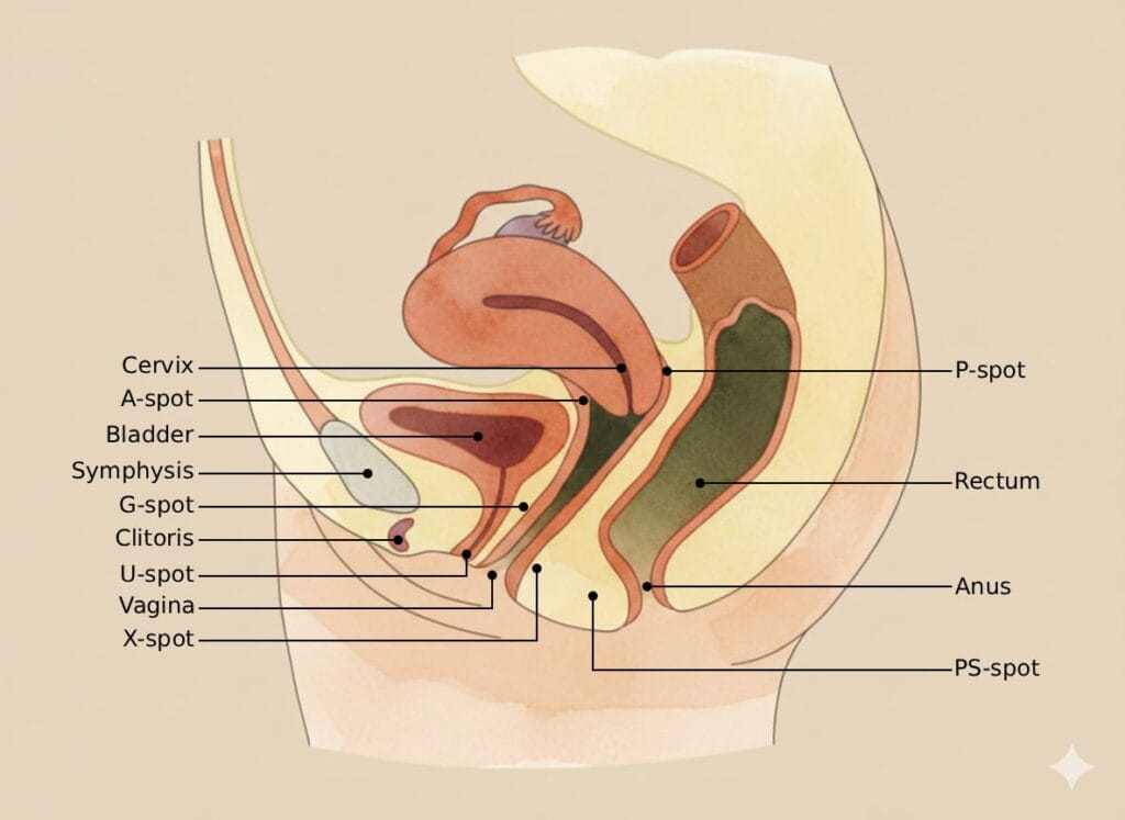 Anatomical cross-section diagram of the female pelvis in earth tones highlighting erogenous zones including the G-spot, A-spot, P-spot, and X-spot for educational purposes.