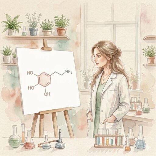 Artistic rendering of a female profile looking at a dopamine formula with energy waves in warm beige and pastel tones.