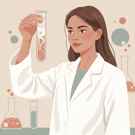 n artistic illustration of a woman in a white laboratory coat holding a chemical test tube, depicted in a soft profile silhouette. The visual style features delicate organic shapes and circles in a palette of pale terracotta, dusty sage, and warm beige, creating a calm and professional depiction of scientific exploration.