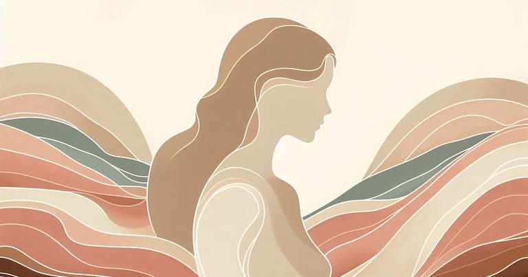 Artistic depiction of a female profile silhouette merged with flowing earthy lines symbolizing deep pressure waves and neural pathways in warm earth tones.