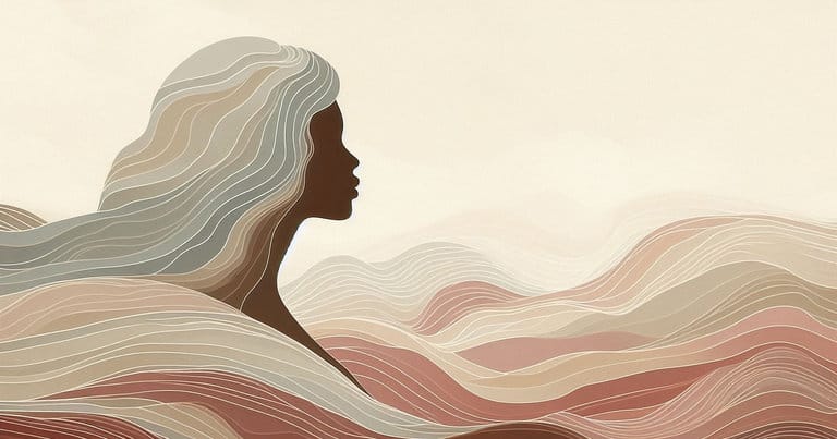 Female profile silhouette with organic lines representing nervous system waves and sensory energy.