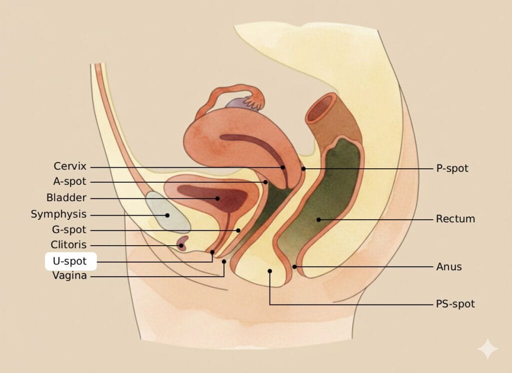 Anatomical cross-section diagram of female pelvic organs with the U-spot highlighted.