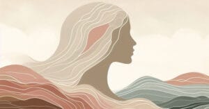 Abstract depiction of a female profile silhouette merged with flowing energy lines in warm earth tones.
