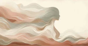 Abstract depiction of a female profile silhouette merged with flowing energy lines in warm earth tones.