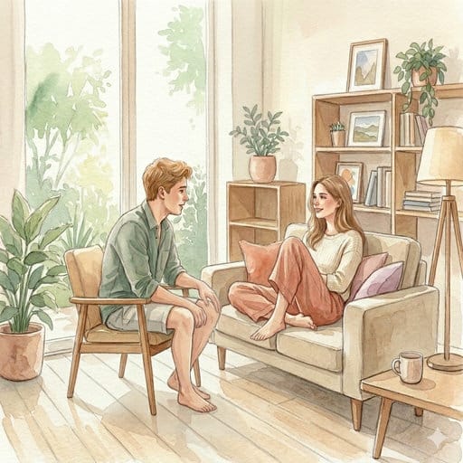 A watercolor illustration of a couple talking on a sofa in a bright, modern living room with bookshelves.
