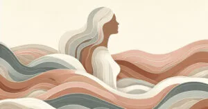 Artistic depiction of a female profile silhouette with earth-toned energy waves and a black pentagon outline.