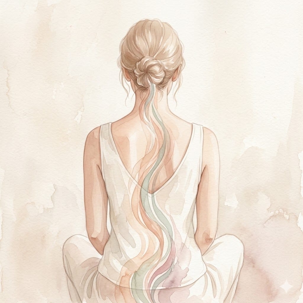 Watercolor of a woman's back with soft pastel energy waves rising up her spine, depicting neural flow.