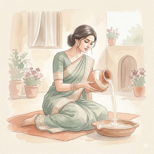 A watercolor illustration of an Indian woman pouring a creamy fluid, symbolizing Amrita, from a pot into a bowl.