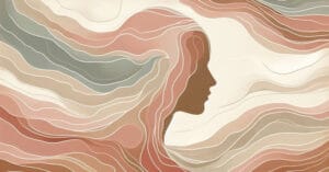 Soft watercolor of a female profile with warm energy waves rising from the pelvis to the crown of the head.