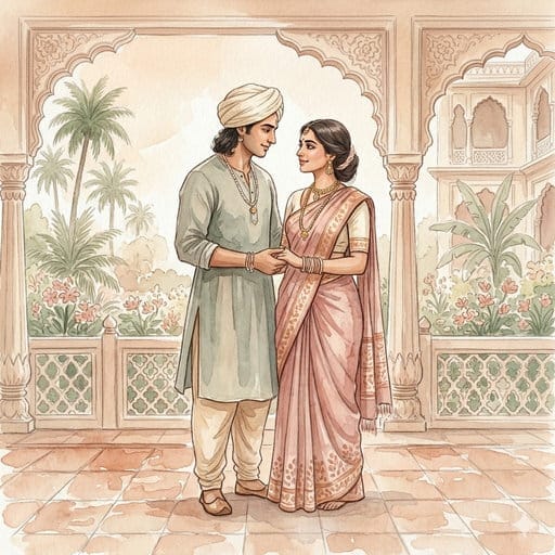 Soft watercolor of a 16th-century Indian couple holding hands on an ornate bed, showing ancient intimacy.