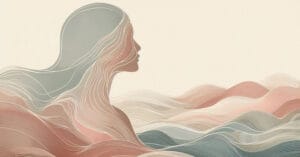 Artistic rendering of a female silhouette merging with earth-toned organic energy waves. Perfect mind-body connection.