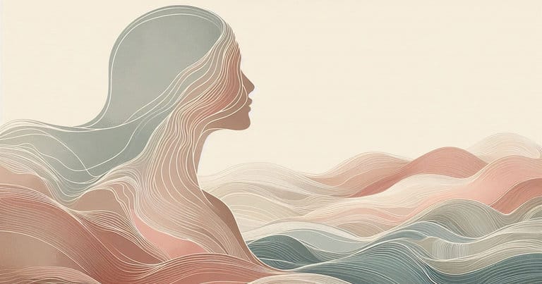Artistic rendering of a female silhouette merging with earth-toned organic energy waves. Perfect mind-body connection.