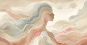 Abstract female profile with warm earth wavy lines showing ancient somatic knowledge. Artistic capture of fluid energy.