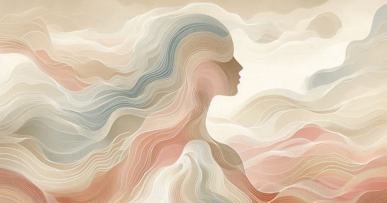 Abstract female profile with warm earth wavy lines showing ancient somatic knowledge. Artistic capture of fluid energy.